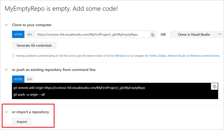 Import a Git repo into your project - Azure Repos