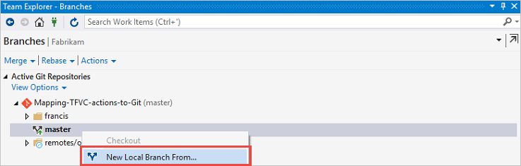 Creating a new branch from Visual Studio Team Explorer