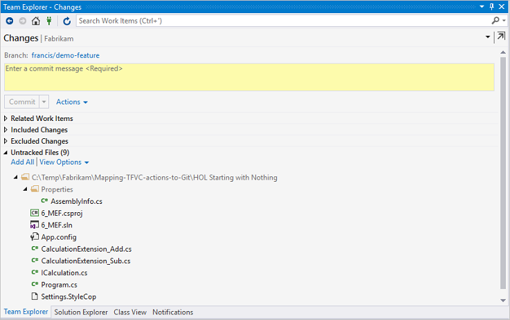 Using Visual Studio Team Explorer to show staged changes