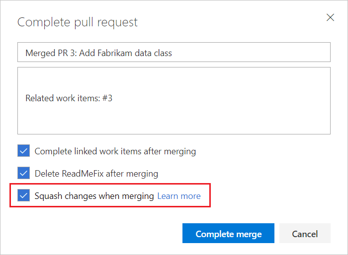 Screenshot of closing a pull request with a squash merge in Azure Repos.