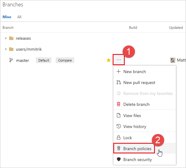 Select Branch policies from the context menu
