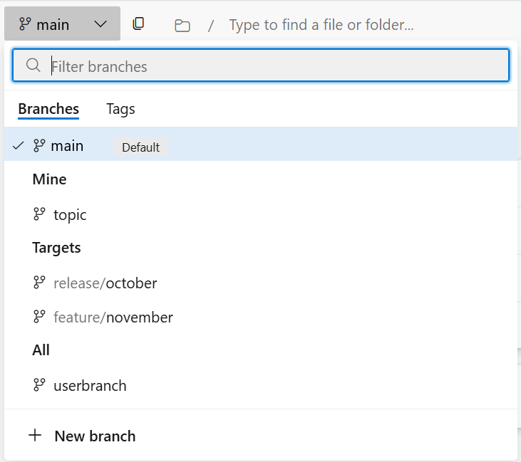 Screenshot of the branch dropdowns with the Targets section.