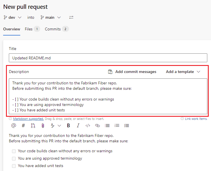 Improve pull request descriptions with pull request templates Azure