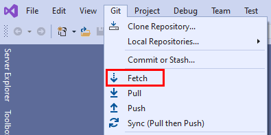 Screenshot of the Fetch option in the Git menu in Visual Studio 2019.