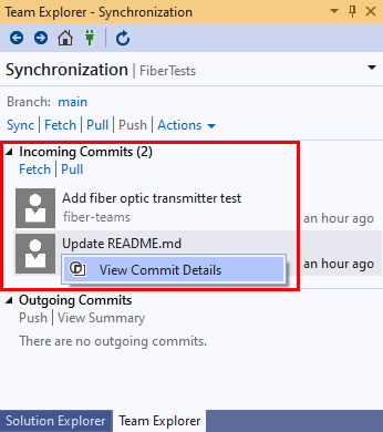 Screenshot of the context menu for incoming commits in the Synchronization view of Team Explorer in Visual Studio 2019.