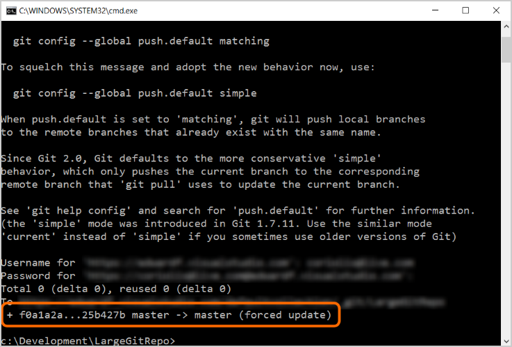 Command Prompt - git push --force result