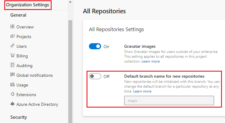 Screenshot that shows the organization-level setting for Default branch name for new repositories.