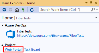 Screenshot showing the Web Portal link in the Home view of Team Explorer in Visual Studio 2019.