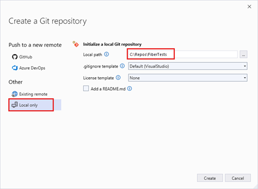 Screenshot of the 'Create a Git repository' window with the 'Local only' option selected in Visual Studio 2022.