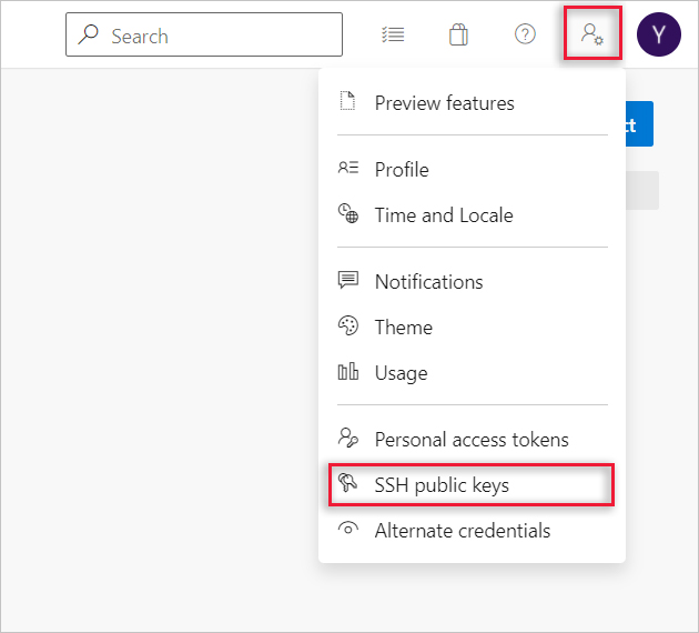 Screenshot that shows the SSH public keys menu item and the user avatar selected in Azure DevOps.