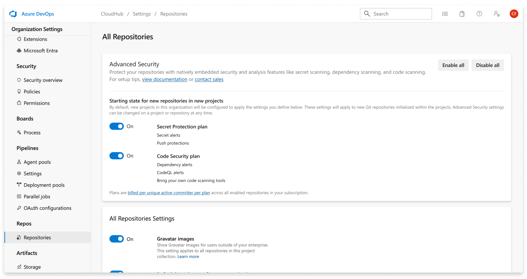 Screenshot of org-level enablement for Advanced Security.