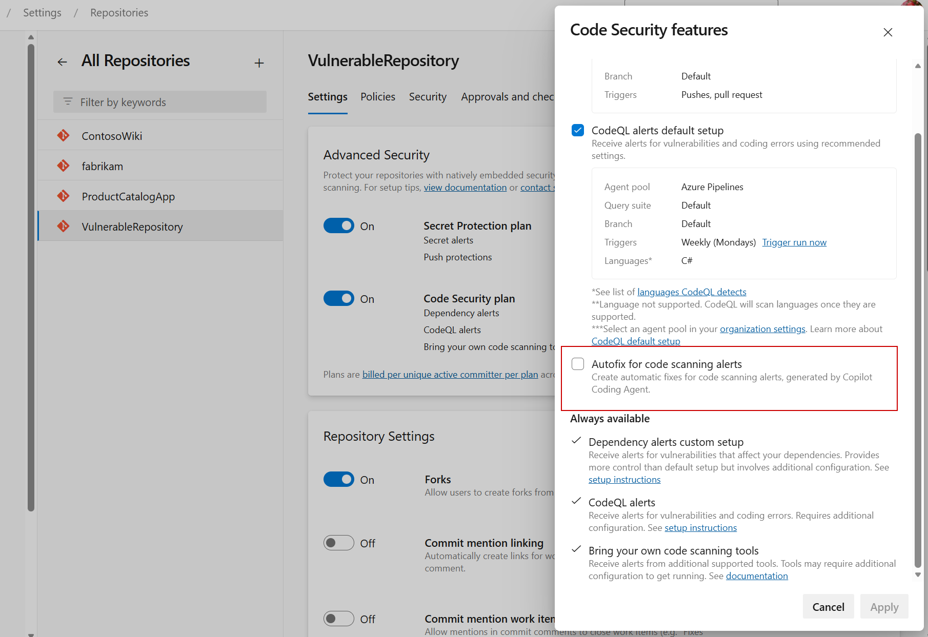 advanced security autofix enablement
