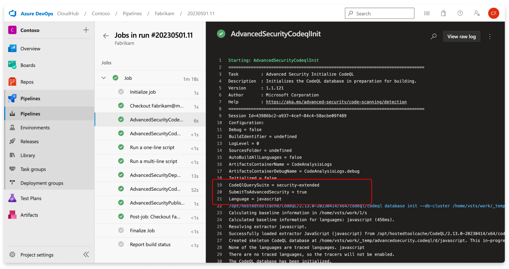 Screenshot of code scanning publish results task