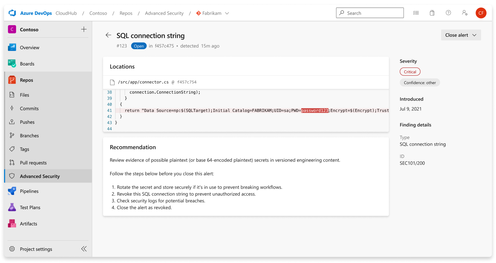 Screenshot of GitHub Advanced Security secret scanning generic alert detail.
