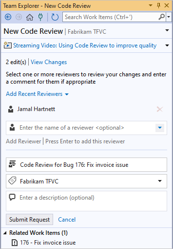 Screenshot that shows the Request Code Review page.
