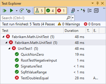 Screenshot of Unit Test Explorer showing failed test for equal.