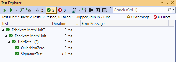 Screenshot of Unit Test Explorer with two passed tests.