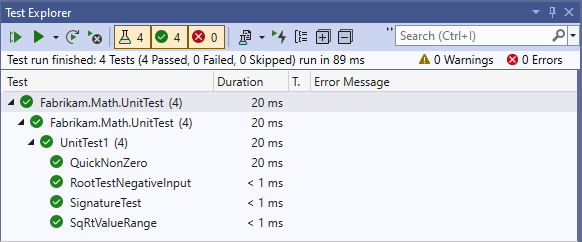 Screenshot of Unit Test Explorer with four passed tests.