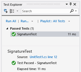 Screenshot of Unit Test Explorer with one passed test.