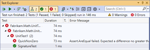 Screenshot of Test Explorer with one failed test.
