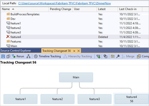 Screenshot that shows deleted feature branches and their changesets.