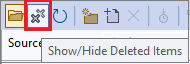 Screenshot showing the Show/Hide Deleted Items icon in the Source Control Explorer menu bar.