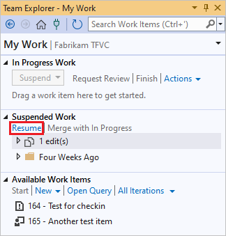 Screenshot showing the Resume link on the My Work page of Team Explorer.