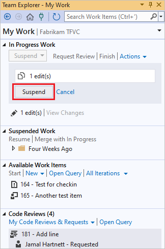 Screenshot of the Suspend link on the My Work page of Team Explorer.