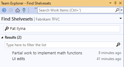 Screenshot of the Find Shelvesets page in Team Explorer. The search box contains the name of a team member. Under Results, two shelvesets are visible.