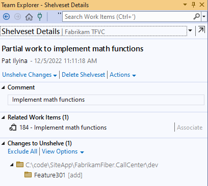Screenshot of the Shelveset Details page in Team Explorer. The shelveset name, comment, work items, and changes are visible.