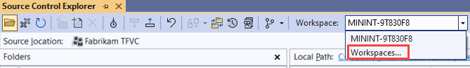 Screenshot of Source Control Explorer in Visual Studio. In the Workspace list, a workspace is visible and Workspaces is highlighted.