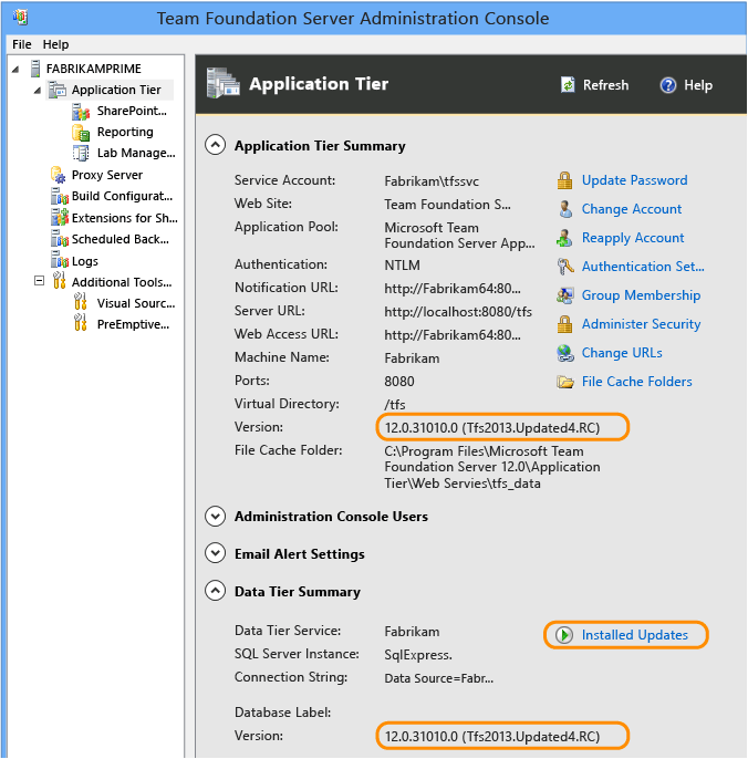 Screenshot of Azure DevOps Server Administration Console, Application Tier page, 2018.