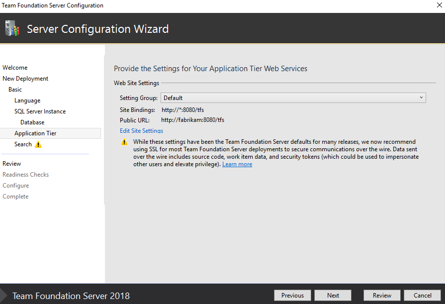 Screenshot of Server Configure Wizard, Application Tier page, TFS-2018. 