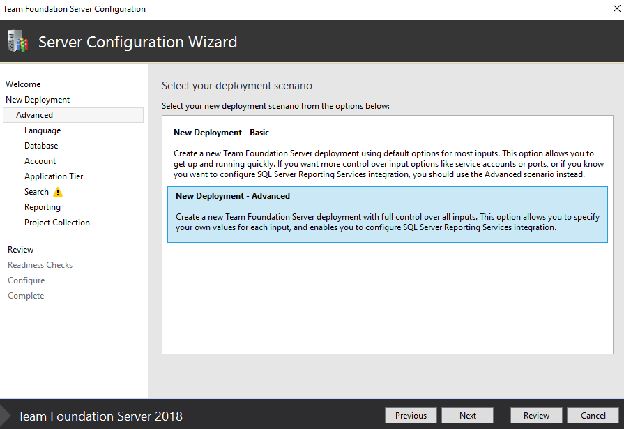 Screenshot of Server Configure Wizard, New deployment, Advanced option selected, TFS-2018. 