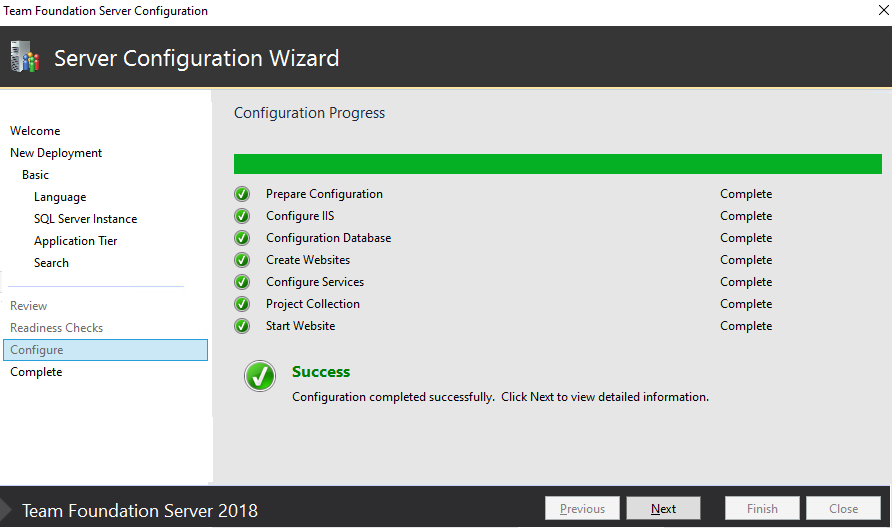 Screenshot of Server Configure Wizard, Completed page, Progress completed, TFS-2018. 