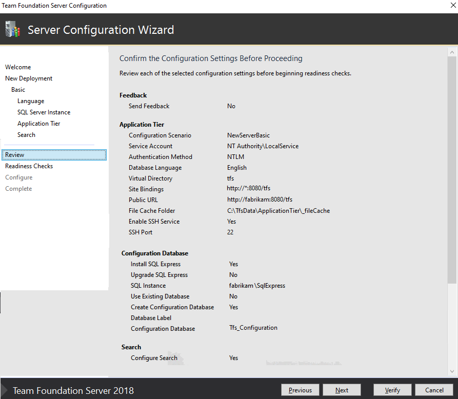 Screenshot of Server Configure Wizard, Review page, TFS 2018. 