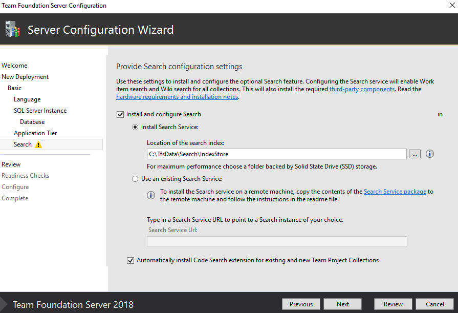 Screenshot of Server Configure Wizard, Search page, TFS-2018. 