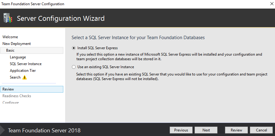 Screenshot of Server Configure Wizard, SQL Server Instance, TFS-2018. 