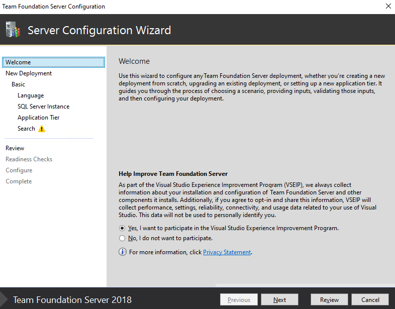 Screenshot of Server Configure Wizard, Welcome page, TFS-2018. 