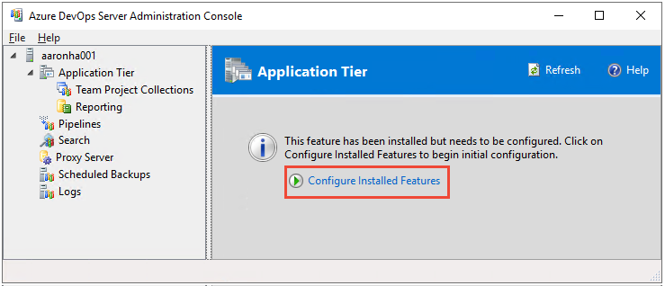 Screenshot of Azure DevOps Server Configuration Center wizard, Application Tier, Choose Configure Installed Features. 
