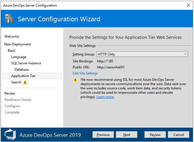 Screenshot of Server Configure Wizard, Application Tier page, 2022. 