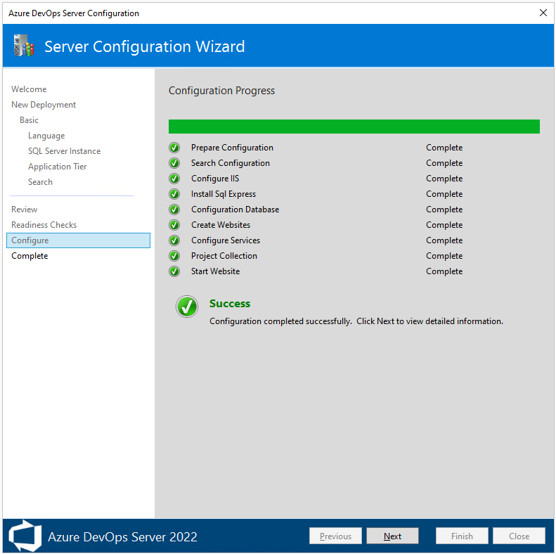 Screenshot of Server Configure Wizard, Configuration page, configuration progress, 2022. 