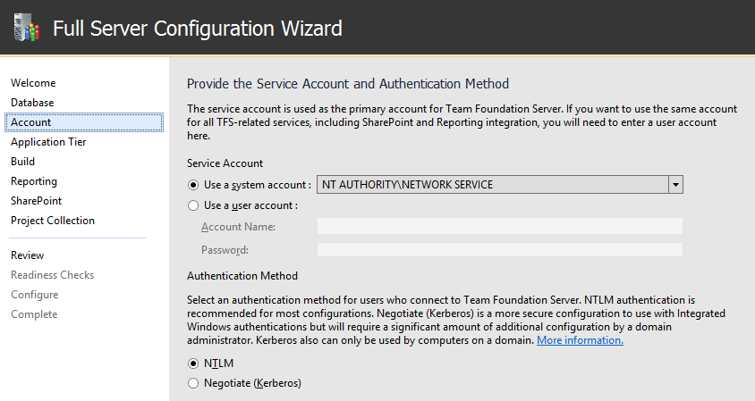 Screenshot of Advanced, Service account page in the full configuration wizard.