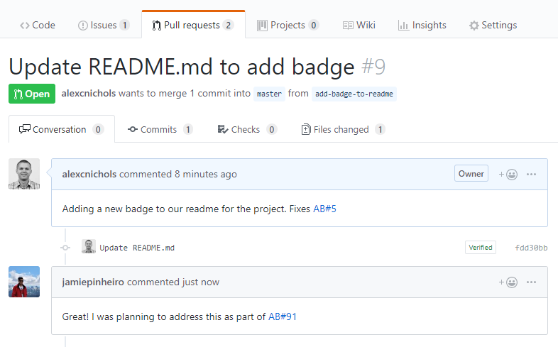 Screenshot showing a pull request on GitHub.