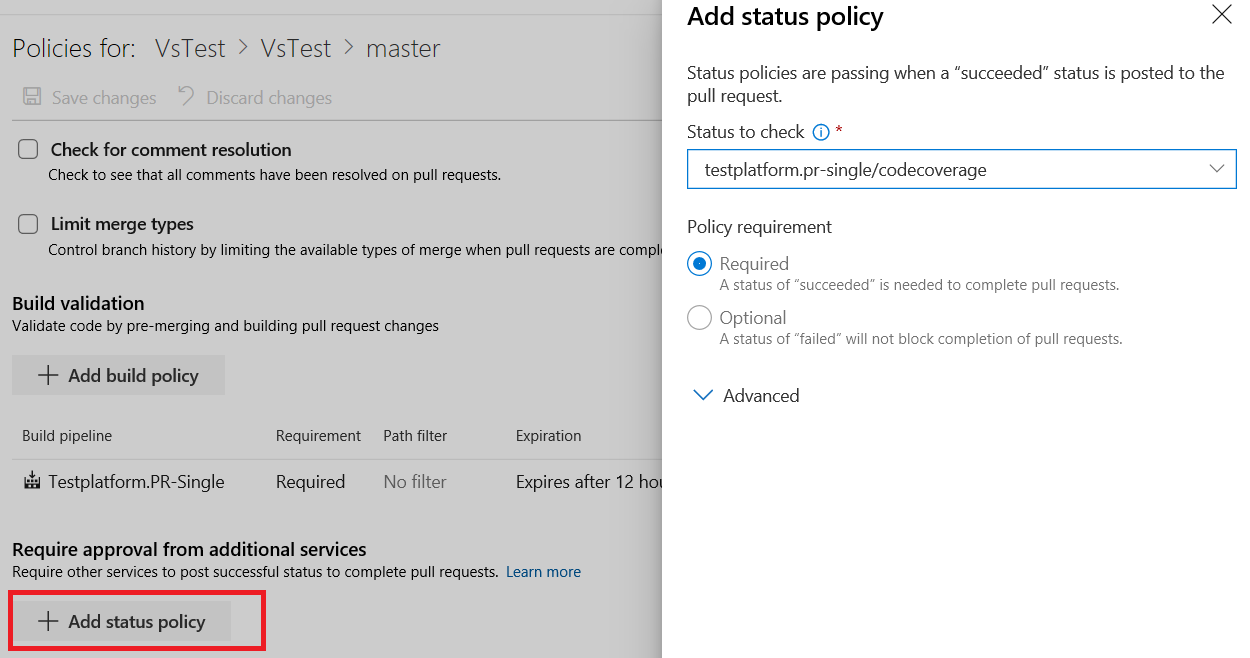 Screenshot of the Add status policy option called out and and the Add status policy section that appears when you select the option..