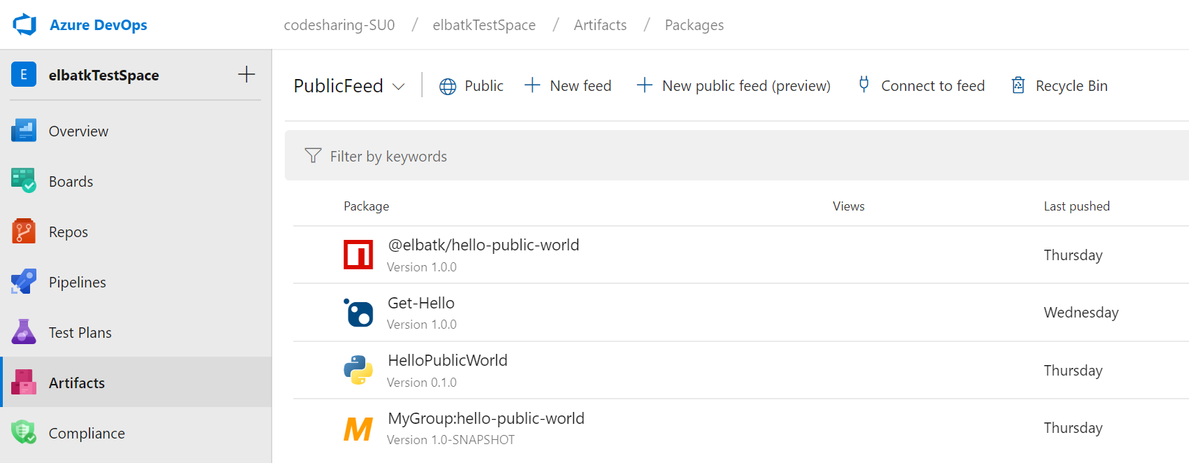 Screenshot showing the PublicFeed page for your packages.