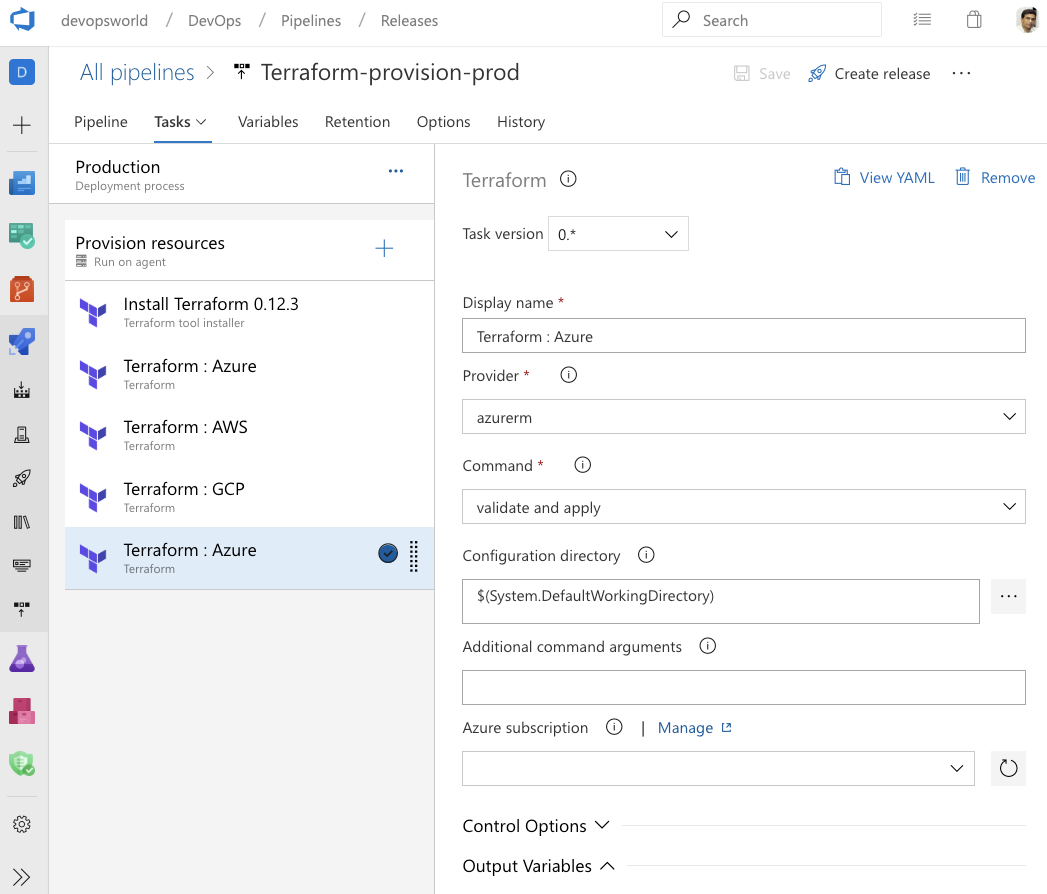 Screenshot of the Terraform integration with Azure Pipelines.