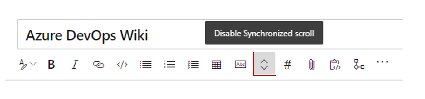 Screenshot of the wiki toolbar with the synchronus scroll icon called out and the Disable Synchronized scroll toggle button above it.