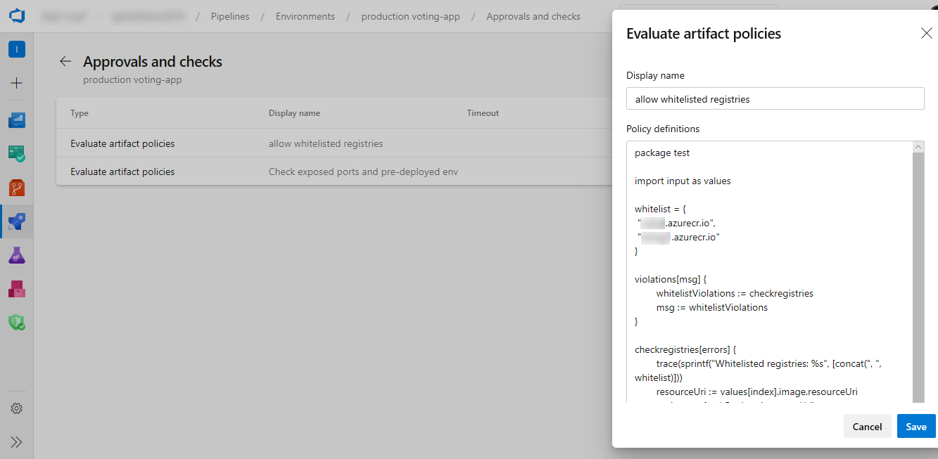 Screenshot of the Evaluate artifact policies dialog box.