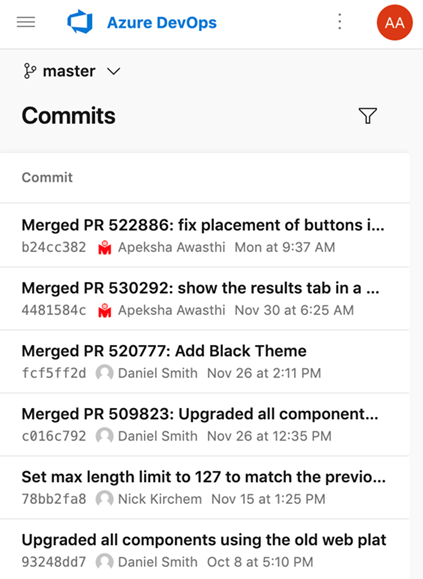 Screenshot of the mobile platform conversion Commits page.